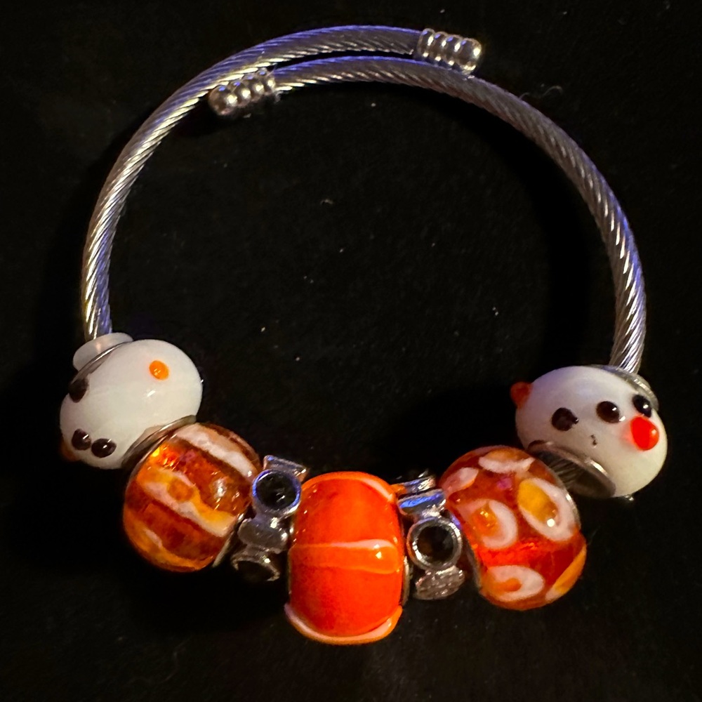 Handmade Halloween Pandora Like Orange, White and Black Silver Bracelet